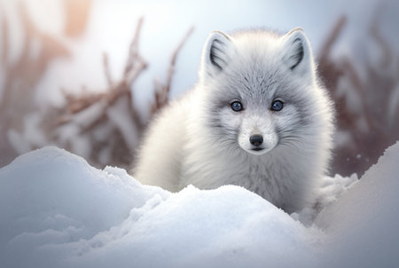 Arctic fox pup (Vulpes Lagopus) in snow habitat, generative aiの素材