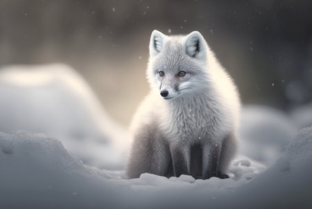 Arctic fox pup (Vulpes Lagopus) in snow habitat, generative aiの素材