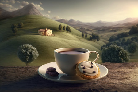 Cup of tea with dessert on beautiful landscape background. Generative AIの素材