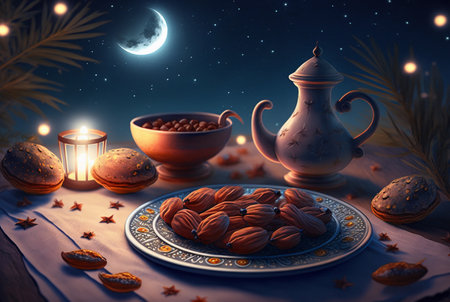 Festive ramadan kareem photo background with cup of tea and dates for iftar menu. Generative AI illustrationの素材