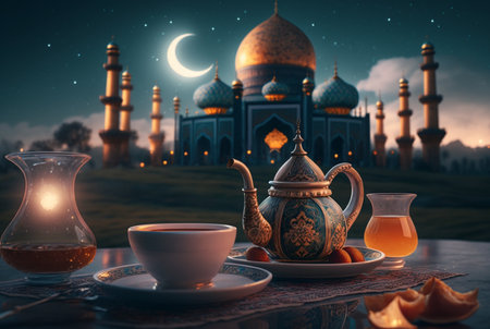 Festive ramadan kareem photo background with cup of tea and dates for iftar menu. Generative AI illustrationの素材