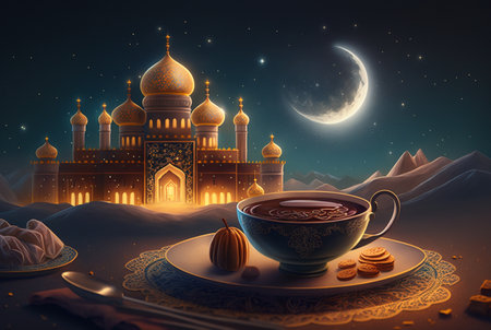 Festive ramadan kareem photo background with cup of tea and dates for iftar menu. Generative AI illustrationの素材