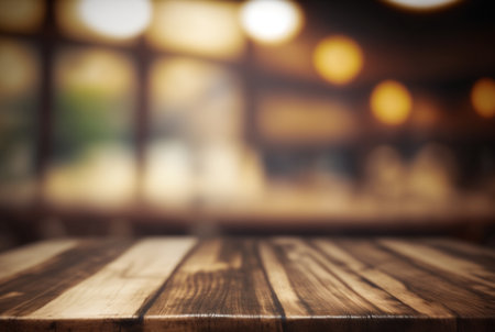 Empty wooden table with bokeh background. Generative AIの素材
