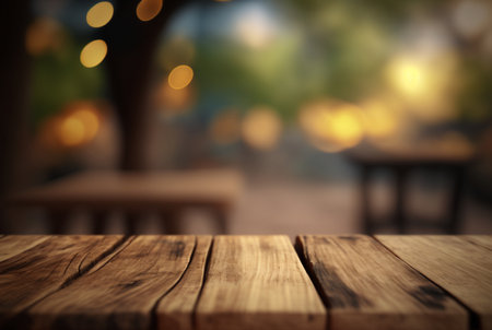 Empty wooden table with bokeh background. Generative AIの素材