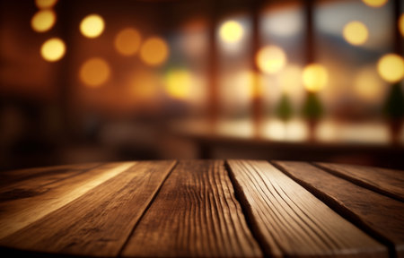 Empty wooden table with bokeh background. Generative AIの素材