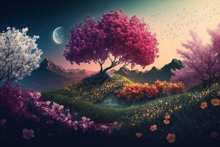 beautiful colorful spring landscape background, generative aiの素材