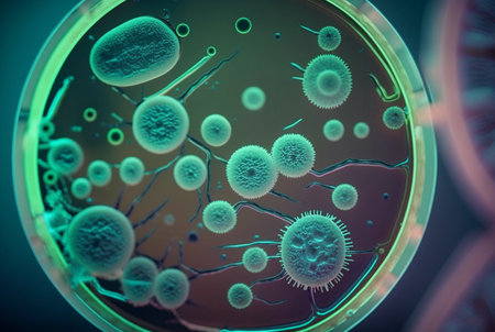 close-up of bacteria, with magnifying glass in the background. generative aiの素材