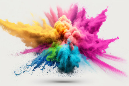 Holi color powder explosion with rainbow on isolated white background, burst of vibrant colors. Generative AIの素材