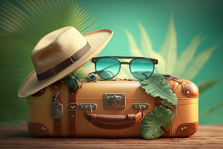 luggage bag with hat and glasses for travel with beach background. summer photo concept. generative aiの素材
