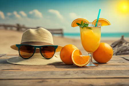 fresh orange juice with cap and glasses on wooden table with beach background,summer concept photo. generative aiの素材