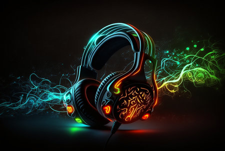 Headphones with neon light on dark background. generative AIの素材