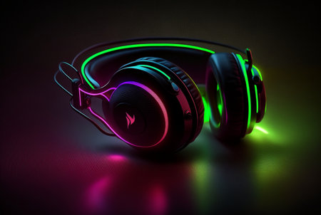 Headphones with neon light on dark background. generative AIの素材