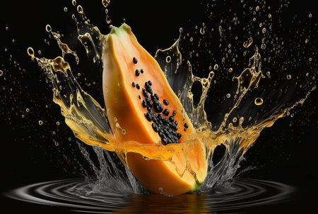fresh papaya with water splash isolated on black background. generative aiの素材