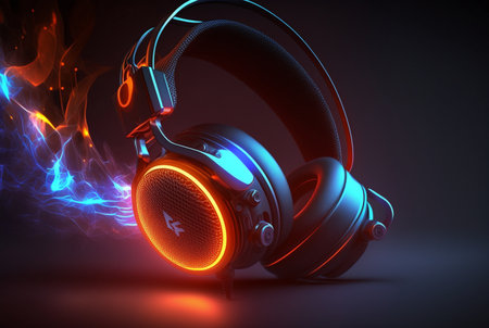 Headphones with neon light on dark background. generative AIの素材