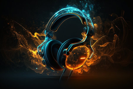 Headphones with neon light on dark background. generative AIの素材