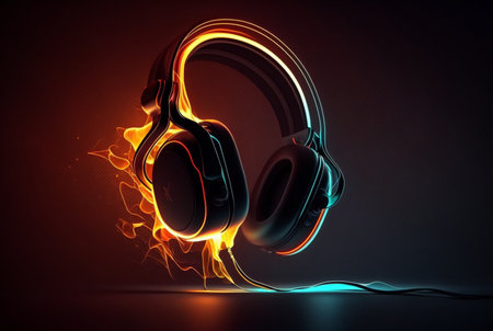 Headphones with neon light on dark background. generative AIの素材