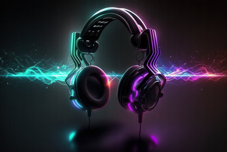 Headphones with neon light on dark background. generative AIの素材