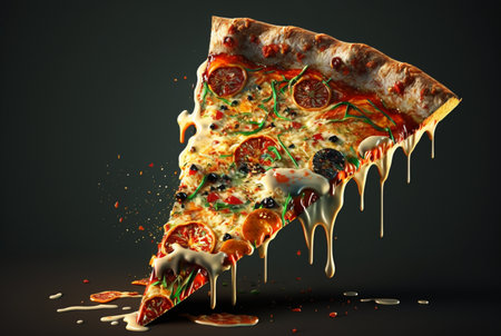 Slice of delicious pizza on dark background. generative aiの素材