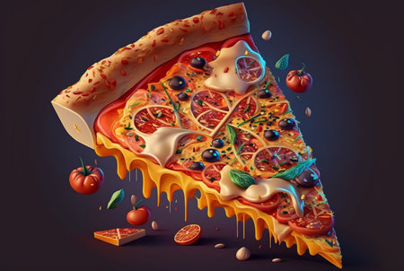 Slice of delicious pizza on dark background. generative aiの素材