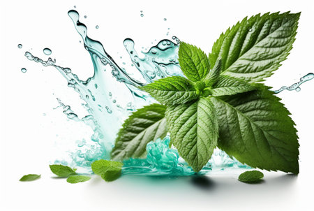 Green mint leaf with water splash isolated on white background. generative aiの素材