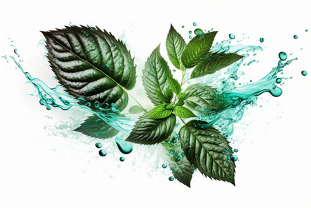 Green mint leaf with water splash isolated on white background. generative aiの素材