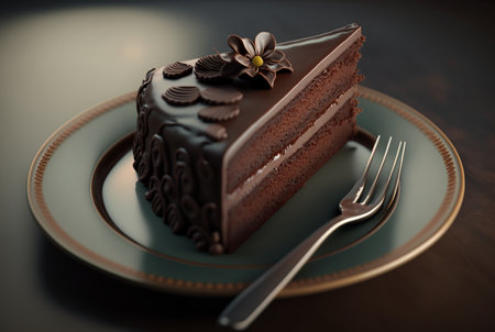 A piece of chocolate cake on a plate with cutlery. generative aiの素材