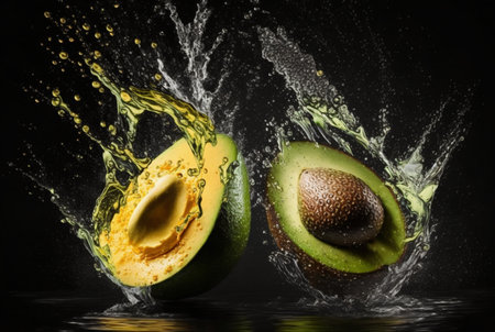 fresh avocado with water splash isolated on black background. generative aiの素材