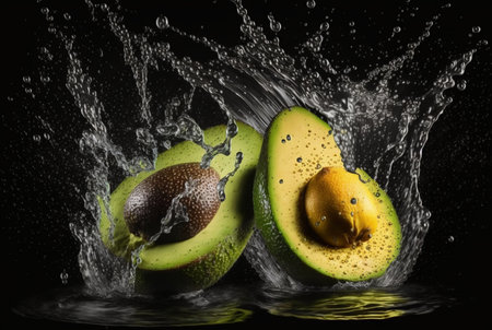 fresh avocado with water splash isolated on black background. generative aiの素材