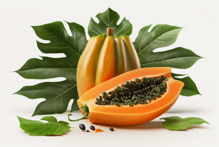 papaya with slices and leaves isolated on white background. generative aiの素材