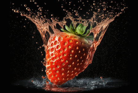 strawberry with water splash isolated on black background. generative aiの素材
