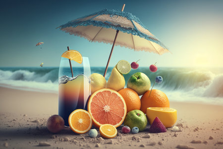 fresh juice with fruits and umbrella on beach background,Summer holiday background. generative aiの素材