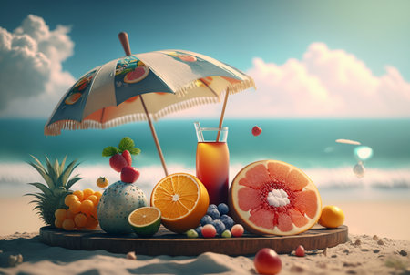 fresh juice with fruits and umbrella on beach background,Summer holiday background. generative aiの素材
