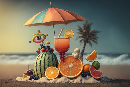 fresh juice with fruits and umbrella on beach background,Summer holiday background. generative aiの素材