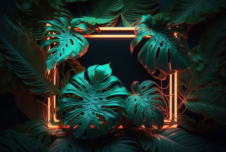Colorful tropical leaves with neon frame on dark background. Generative AI.の素材