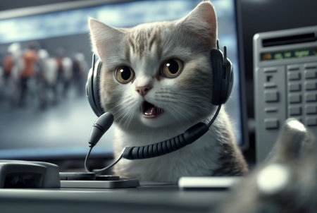 a cat working at a computer wearing a suit and earphones. generative aiの素材