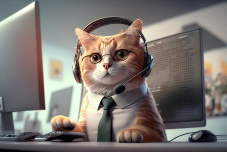 a cat working at a computer wearing a suit and earphones. generative aiの素材