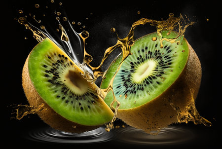 fresh kiwi with water splash isolated on black background.. Generative AIの素材