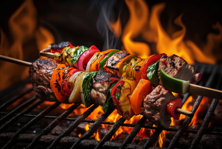 Meat kebabs with vegetables on flaming grill. generative aiの素材