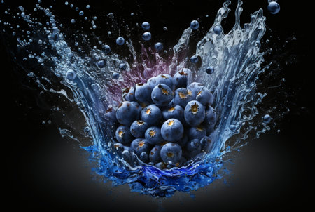 blueberries with water splash isolated on black background. generative aiの素材