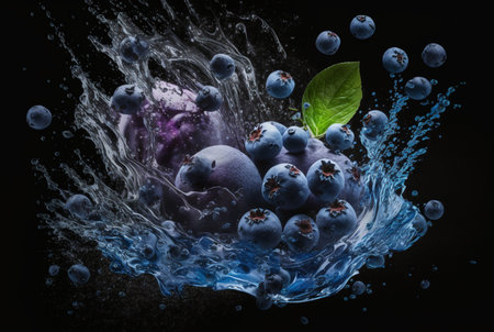 blueberries with water splash isolated on black background. generative aiの素材