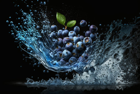 blueberries with water splash isolated on black background. generative aiの素材