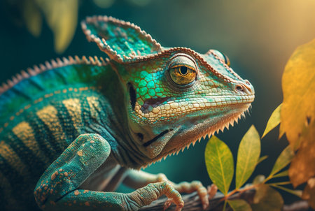 Green chameleon with textured skin close up, blurred tropical background. Generative AI.の素材