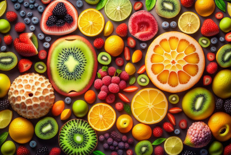 top view of fresh fruits neatly arranged for background. Generative AI.の素材