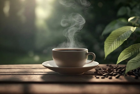 cup of hot coffee with smoke and coffee beans on table with blurred background of coffee garden. generative aiの素材