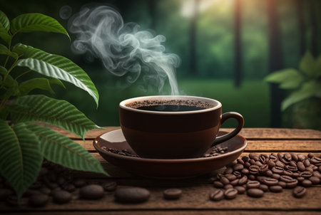 cup of hot coffee with smoke and coffee beans on table with blurred background of coffee garden. generative aiの素材