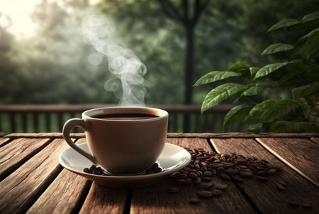 cup of hot coffee with smoke and coffee beans on table with blurred background of coffee garden. generative aiの素材
