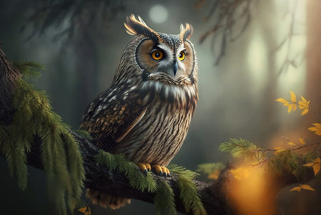 Owl perched on a branch in a dark forest. generative aiの素材