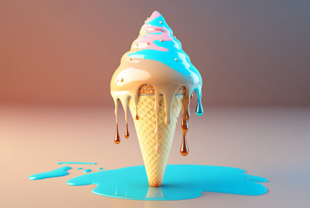 Colorful ice cream splashes, melting ice cream cone. Ai generative.の素材