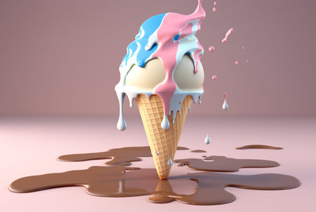 Colorful ice cream splashes, melting ice cream cone. Ai generative.の素材