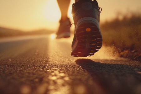 Close up of shoes, athlete's foot runner running on the street in the sun in the morning. generative aiの素材